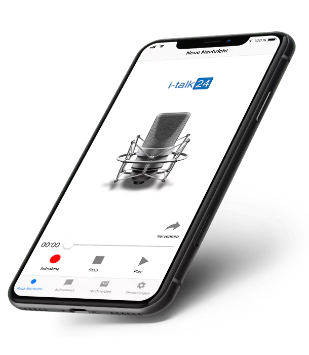 iPhone-Mockup mit i-talk24 App-Interface und Mikrofon-Grafik