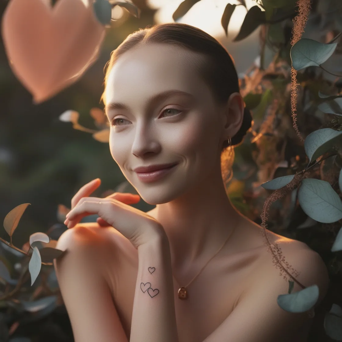 Ich bin – Audio-Meditation mit Affirmation von Karin Maria Zimmer 6 Frau mit heller Hautfarbe lächelt neben Laub mit Herz-Tattoos auf dem Arm