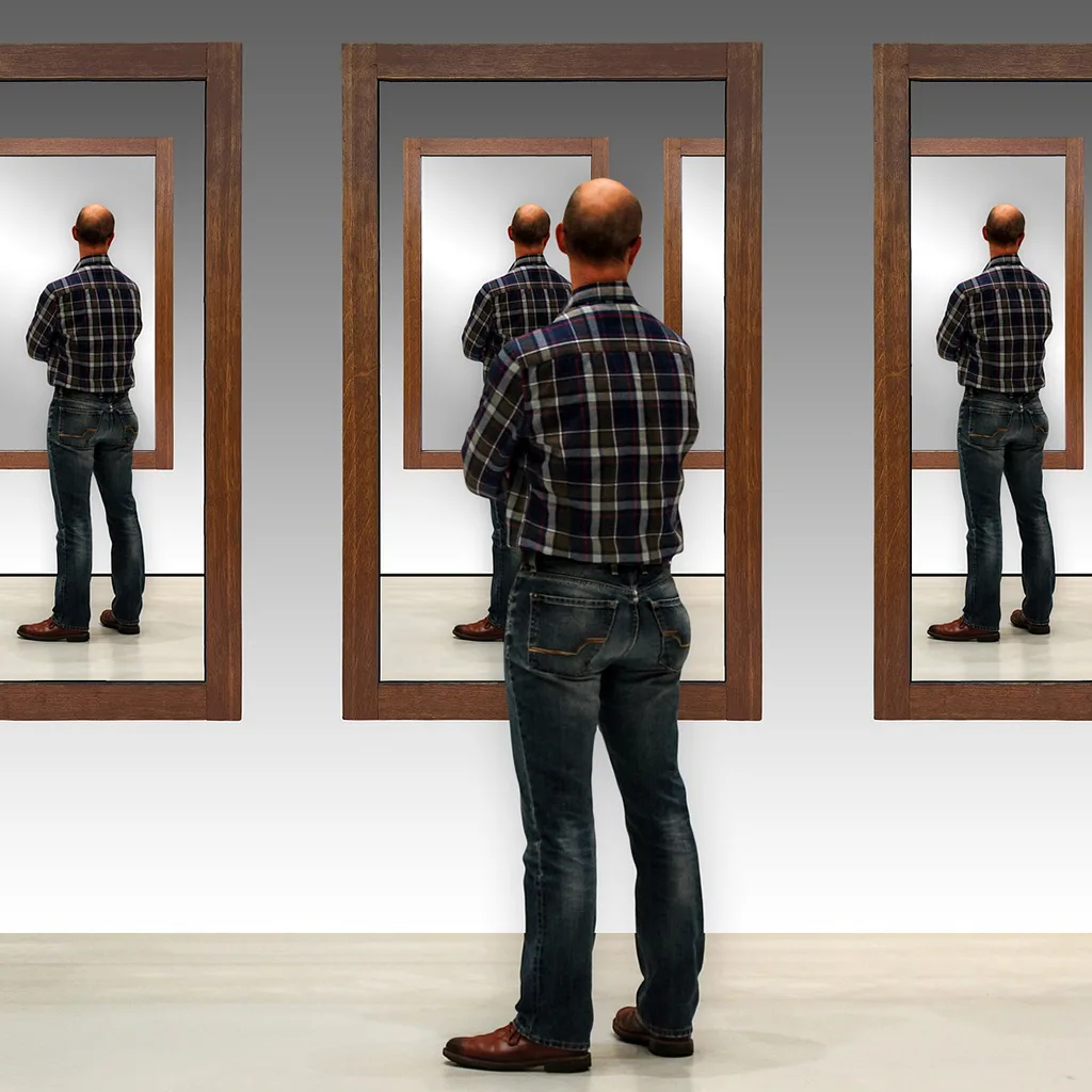 Ich bin – Audio-Meditation mit Affirmation von Karin Maria Zimmer 7 Mann in Flanellhemd vor Spiegeln schaut sein Spiegelbild an