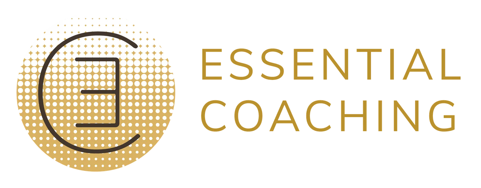 Essential Coaching Logo mit goldenem Punkt-Muster und schwarzem F-Symbol neben goldenem Text