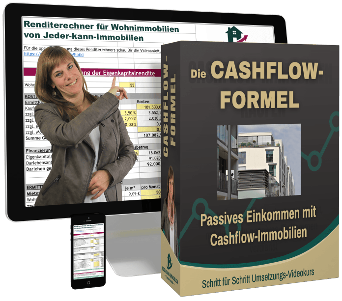 Frau zeigt Renditerechner auf Monitor neben DVD-Box Die Cashflow-Formel Passives Einkommen