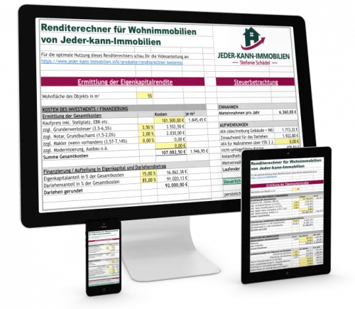 Renditerechner auf Monitor, Tablet und Smartphone mit Excel-Tabelle Eigenkapitalrendite