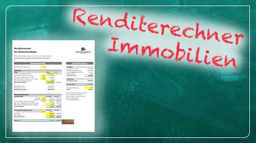 Renditerechner Immobilien Excel-Tool zum Berechnen deiner Rendite mit Neon-Text auf Ozean-Hintergrund