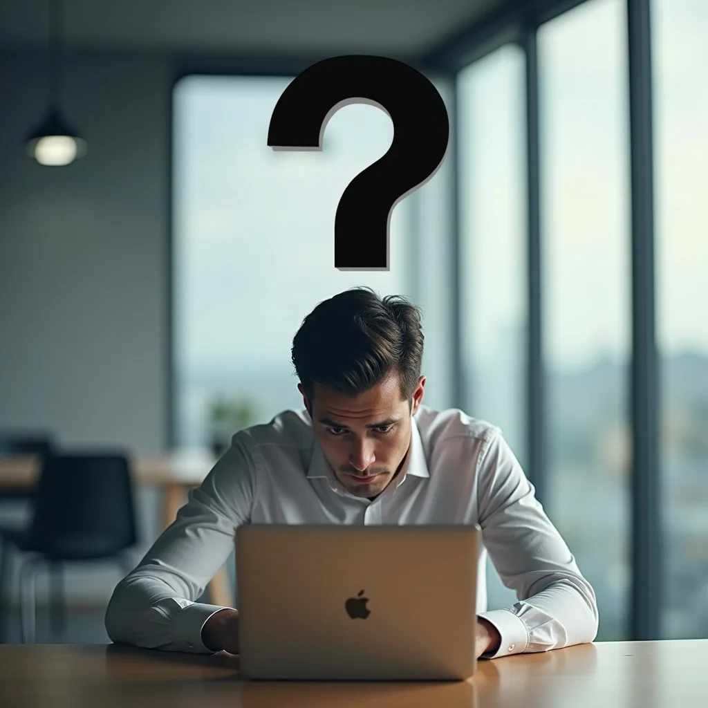 Mann am Laptop mit Fragezeichen-Symbol in modernem Büro