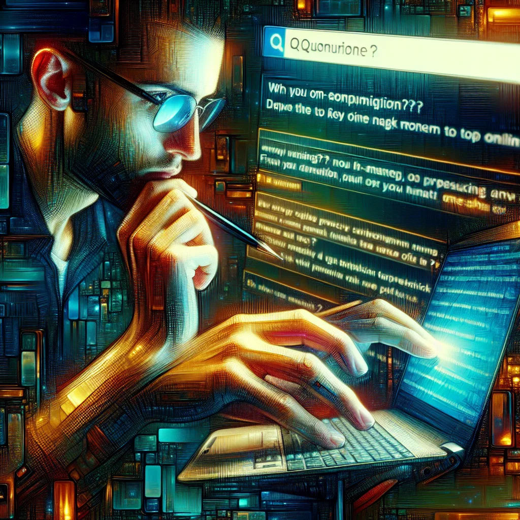 Digitale Illustration Person mit Brille am Laptop mit Fragen-Interface