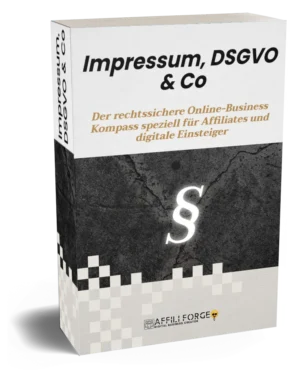 E-Book Cover Impressum DSGVO & Co mit Paragraf-Symbol und Affili Forge Branding