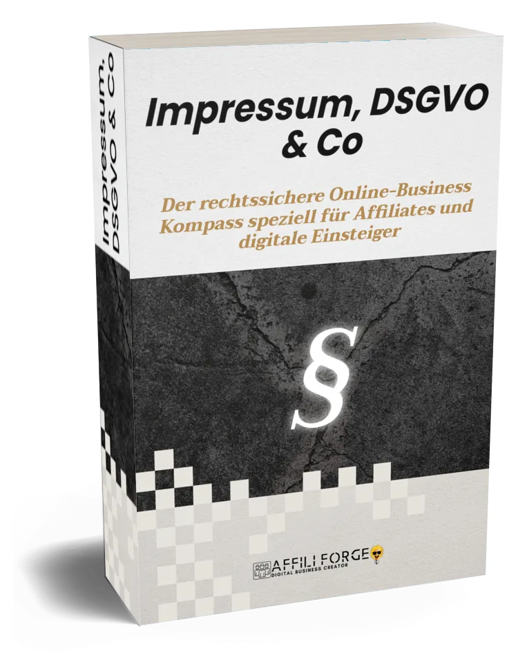 E-Book Cover Impressum DSGVO & Co mit Paragraf-Symbol und Affili Forge Branding