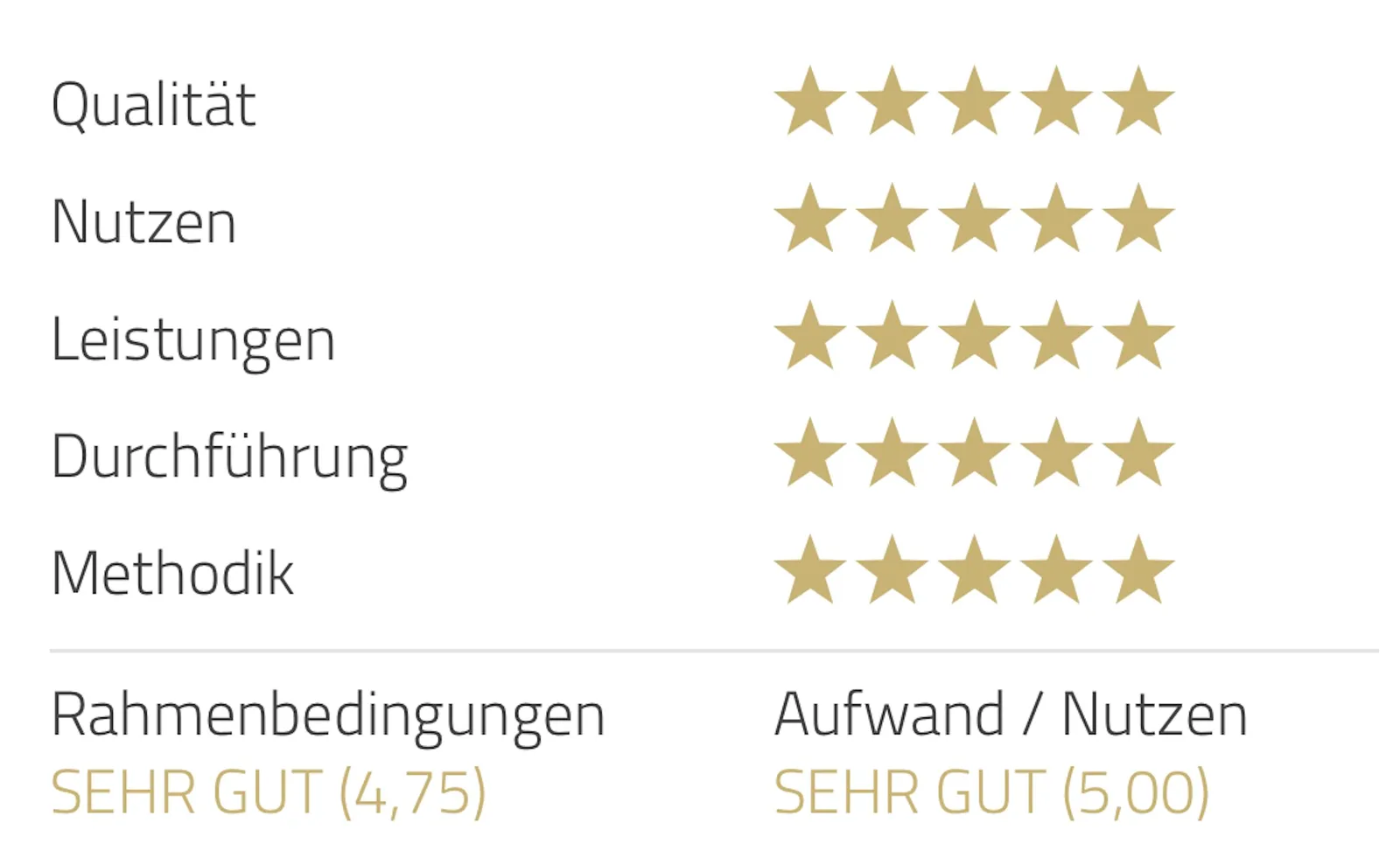 Bewertungstabelle mit fünf Kategorien à 5 Sternen: Qualität, Nutzen, Leistungen, Durchführung, Methodik
