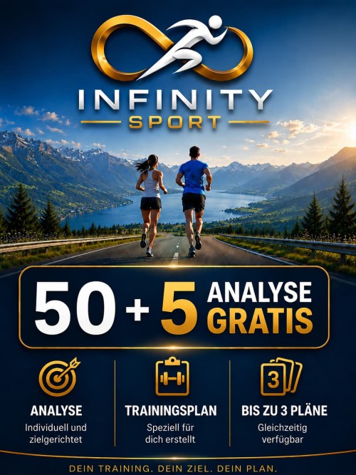 Infinity Sport Pro – KI-Sportcoach für Training & Ernährung 1 Infinity Sport Logo mit zwei Läufern auf Bergstraße bei Sonnenaufgang