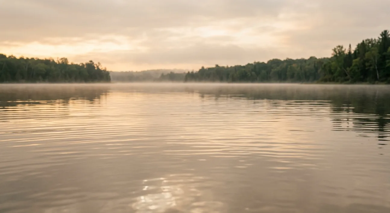 Ruhige Wasseroberfläche im Morgenlicht mit Waldsilhouette, Symbol für innere Ruhe