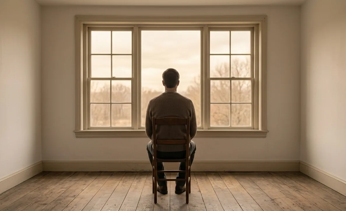 Person sitzt nachdenklich am Fenster in stillem Raum, symbolisiert innere Arbeit