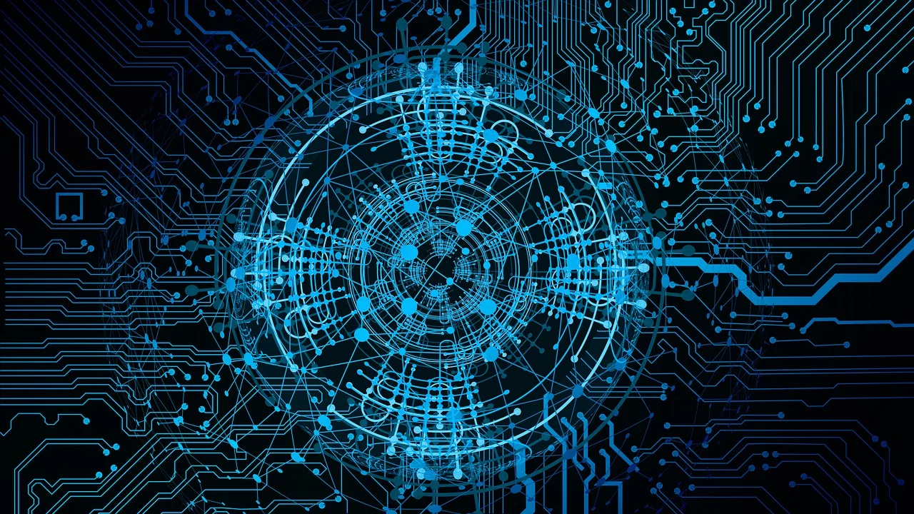 Digitale blaue Gehirn-Netzwerk-Grafik mit Schaltkreisen und Verbindungspunkten auf schwarzem Hintergrund