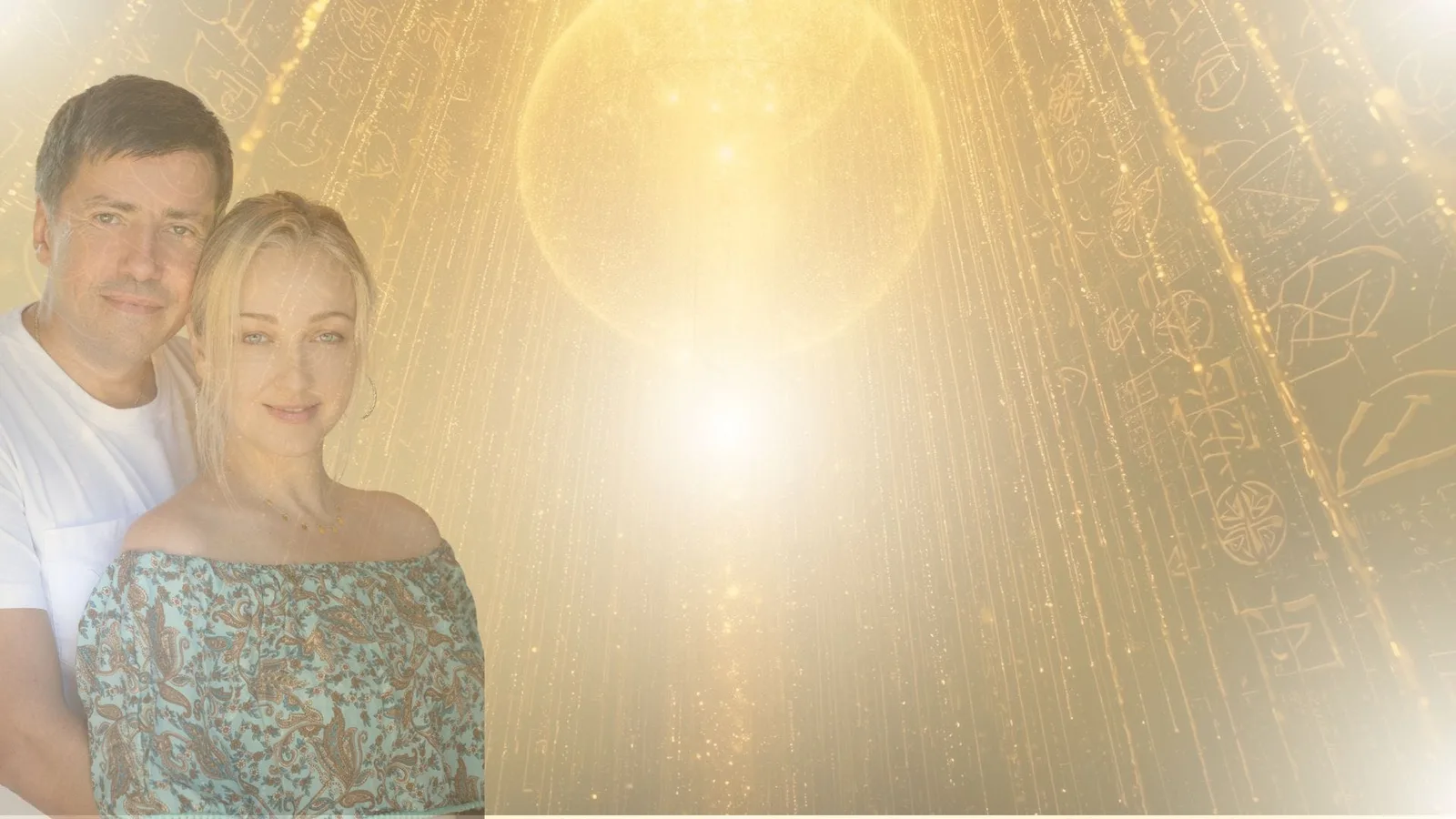 Paar in goldenem Licht mit spirituellen Symbolen im Hintergrund