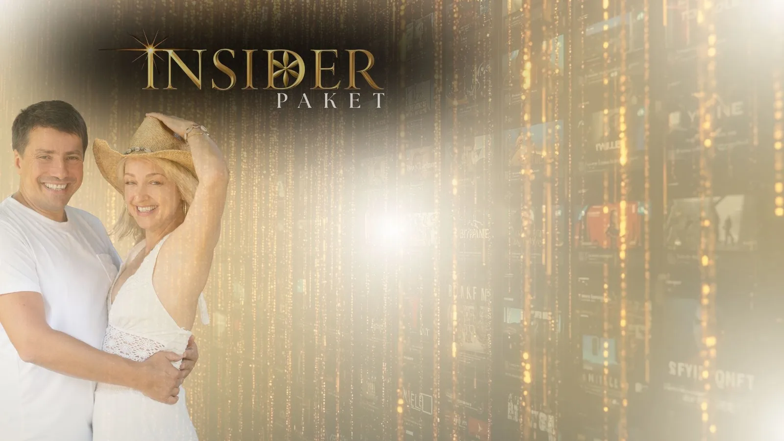 Lächelndes Paar vor goldener Stadt-Kulisse mit Insider Paket Text