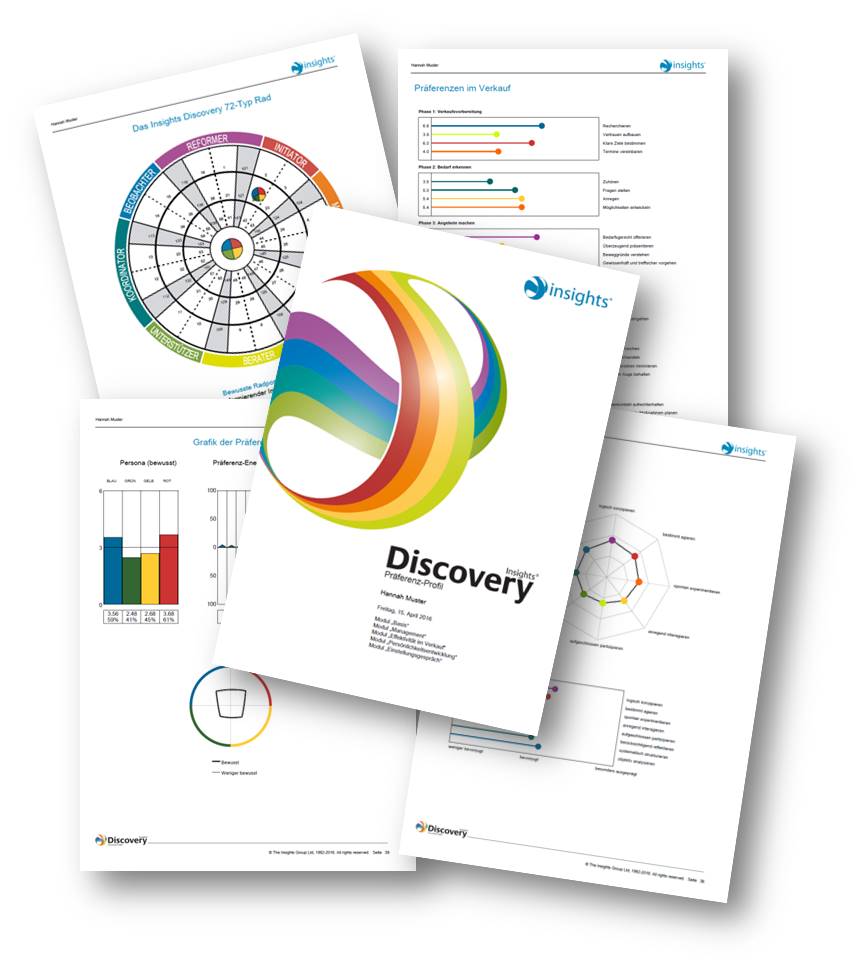 Insights Discovery Analyse Farbrad mit 72-Typ-Rad und farbcodiertem Persönlichkeitsmodell