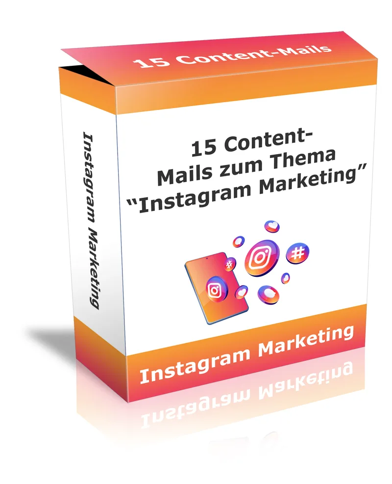 Instagram Marketing Funnel-Paket – Vorlagen für Affiliate-Funnel 3 Produktbox 15 Content-Mails zum Thema Instagram Marketing mit orangem Farbverlauf