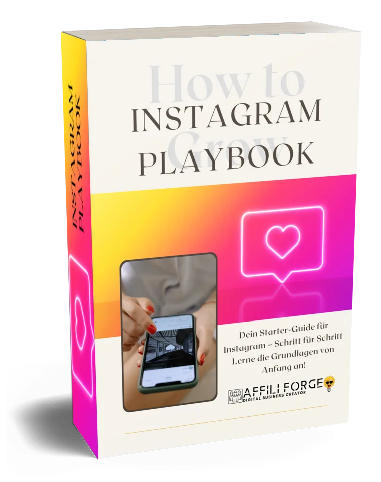 3D-Buchcover Instagram Playbook in Creme, Gelb und Pink mit Smartphone und Neon-Herz-Icon