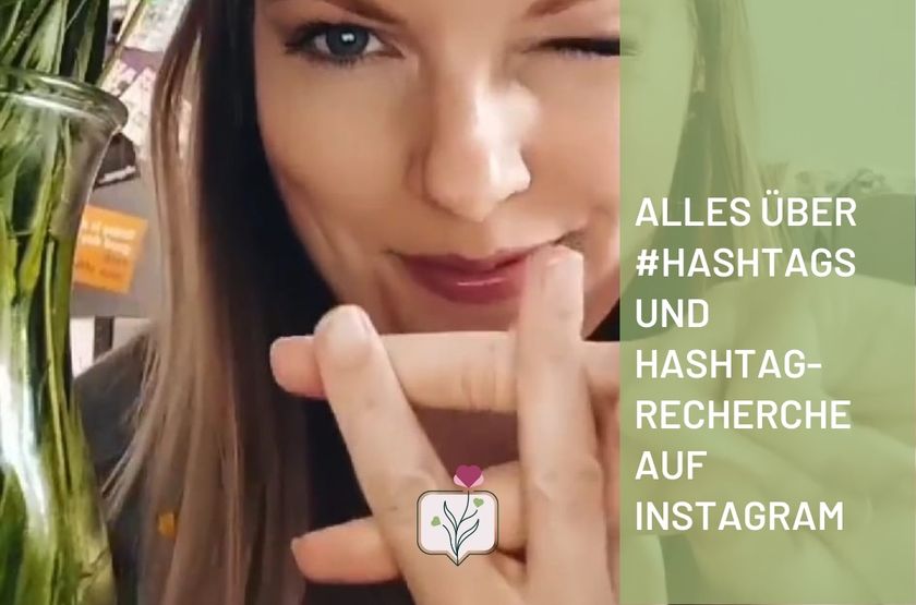 Frau mit dunklen Haaren zeigt auf Smartphone, Text: Alles über #Hashtags und Hashtag-Recherche auf Instagram