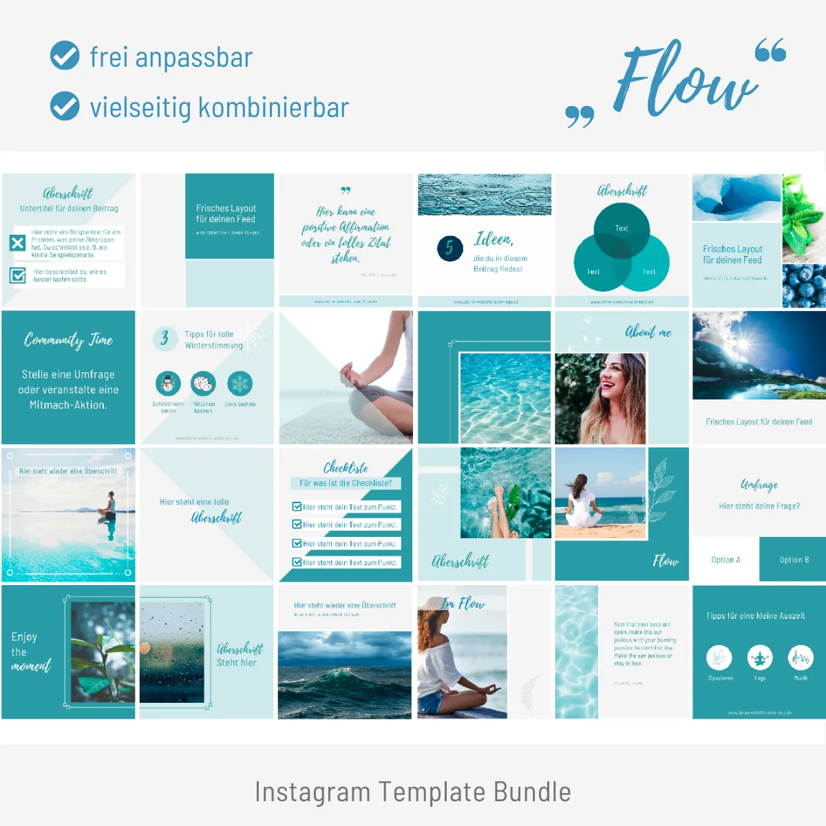 Instagram Template Bundle Flow mit türkisen und hellen Designelementen, Wasser- und Naturmotive