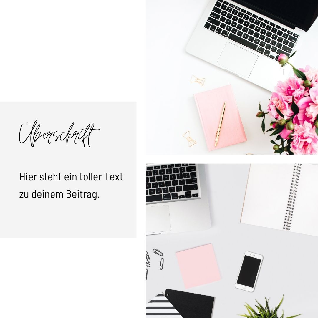 Minimalistisches Template mit Laptop, Blumen und Notizblock – Überschrift und Text auf Weiß und Rosa