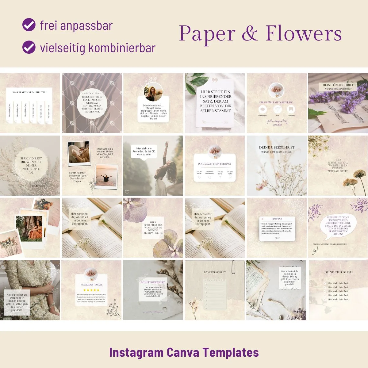 Instagram Canva Templates Paper & Flowers mit floralen und minimalistischen Designs in Creme-Tönen