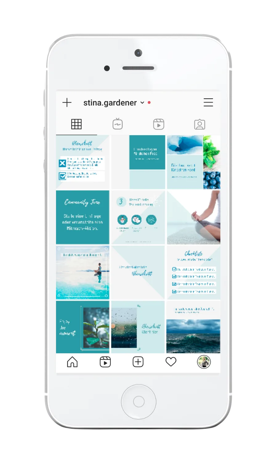 iPhone Mockup zeigt Instagram Profil mit türkisem Flow Template Bundle vor Verwendung