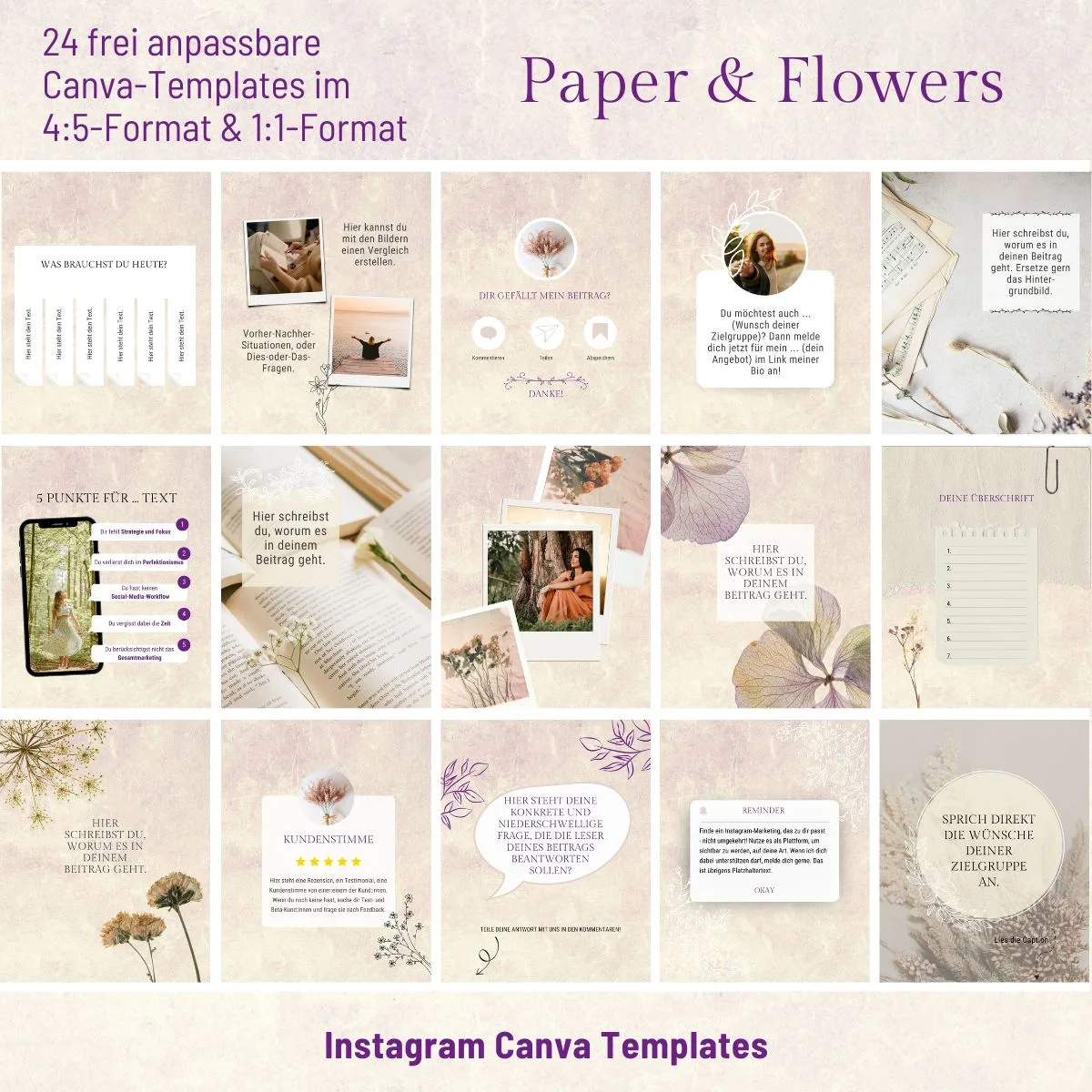 Instagram Template Bundle Flow Canva-Galerie mit 24 Templates im Paper & Flowers Design