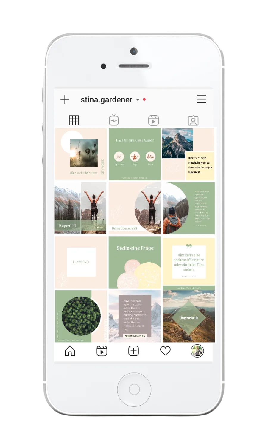iPhone Mockup eines Instagram Profils mit grün-cremefarbenem Template-Design, Mehrfach-Posts