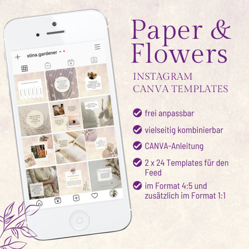 Instagram-Mockup eines weißen Smartphones mit Paper & Flowers Template Gallery und Produktbeschreibung