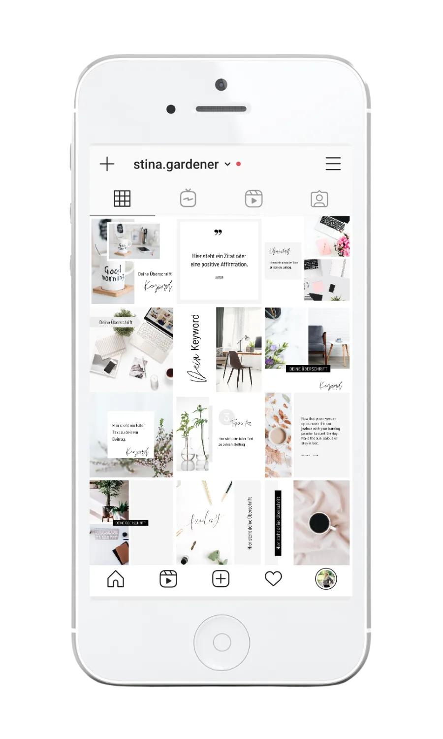 iPhone Mockup eines Instagram Profils mit weißem minimalistischem Design, Clarity Template
