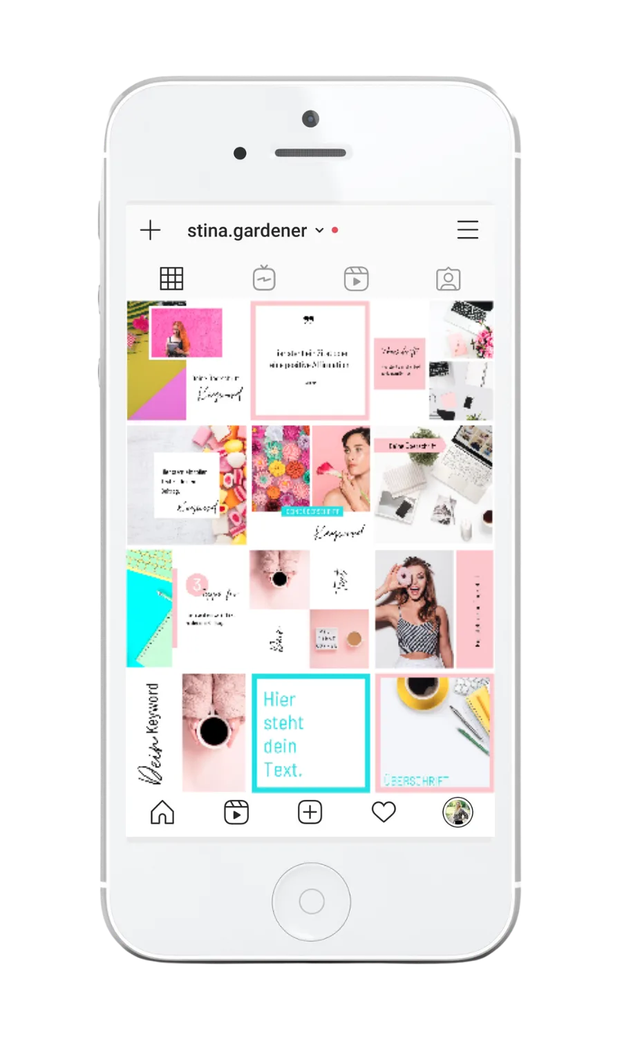 iPhone Mockup eines Instagram Profils mit Magenta-Cyan-Neon-Design, reorganisierter Feed