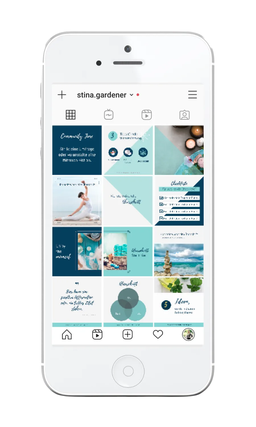 iPhone Mockup eines Instagram Profils mit Dunkelblau-Türkis Flow Template, Wasser-Motiven