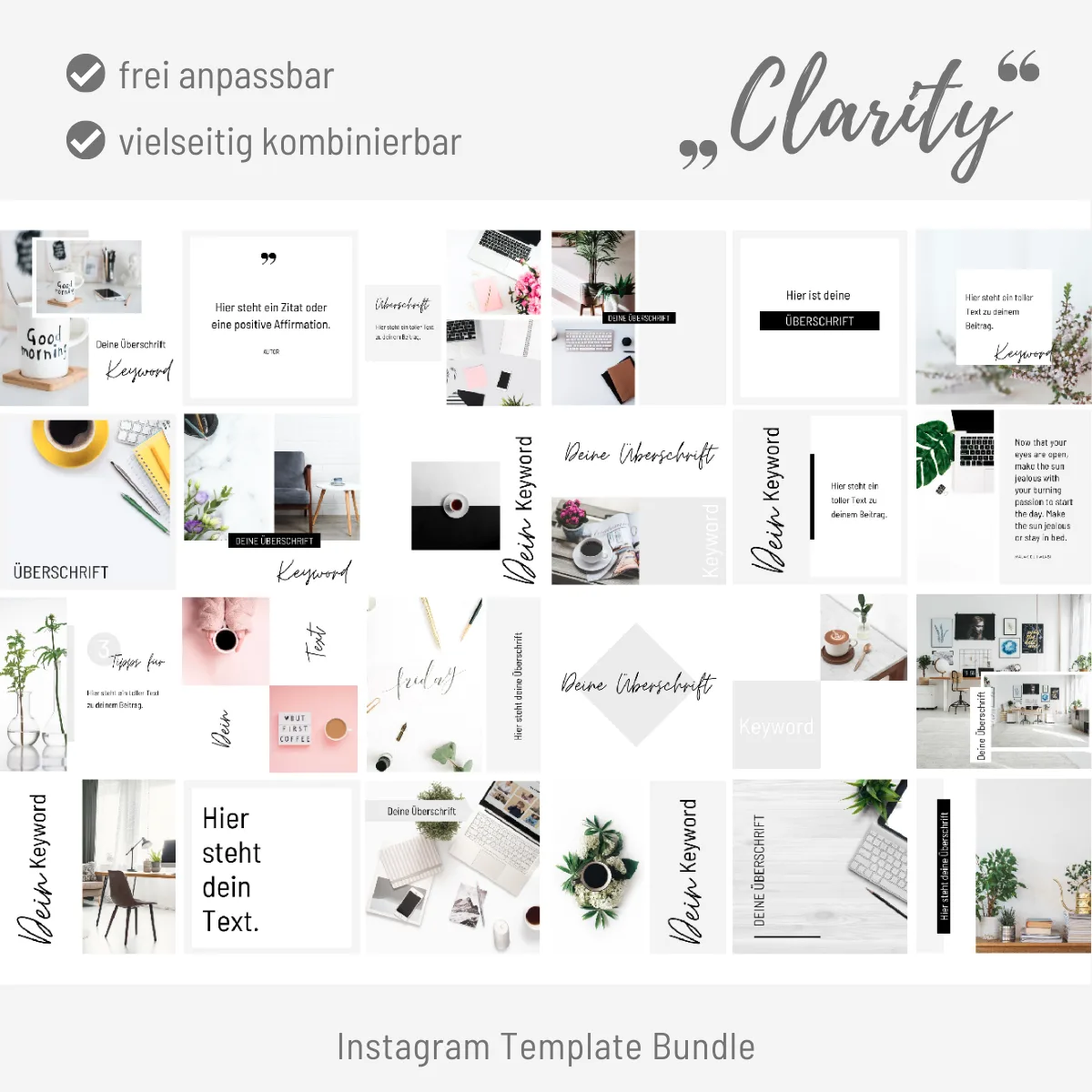Instagram Template Bundle Clarity mit minimalistischem Design, Weiß- und Grautönen, Lifestyle-Fotos