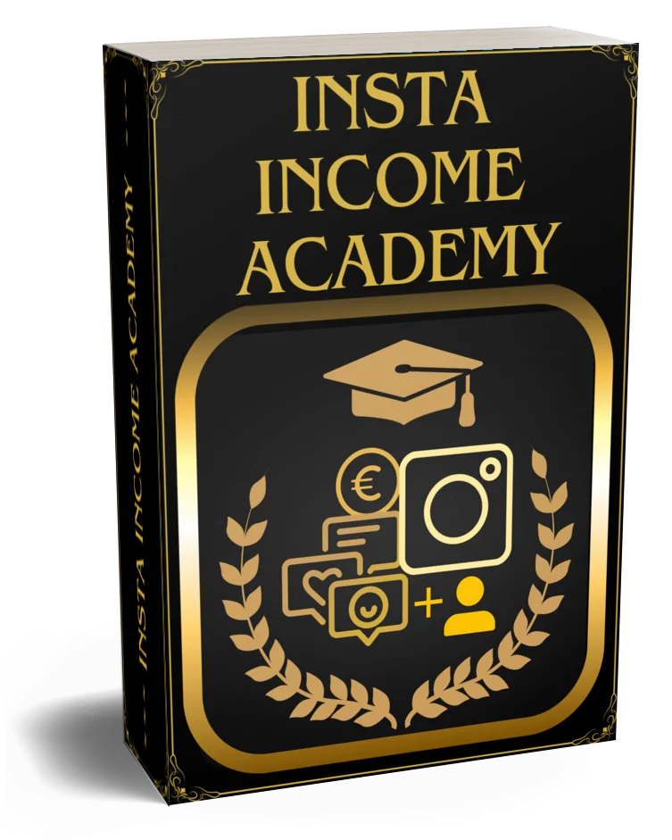 InstaIncome Academy Produktbox-Mockup mit schwarzem Cover, goldenem Text und Icons für Akademie, Instagram und Geldverdienen