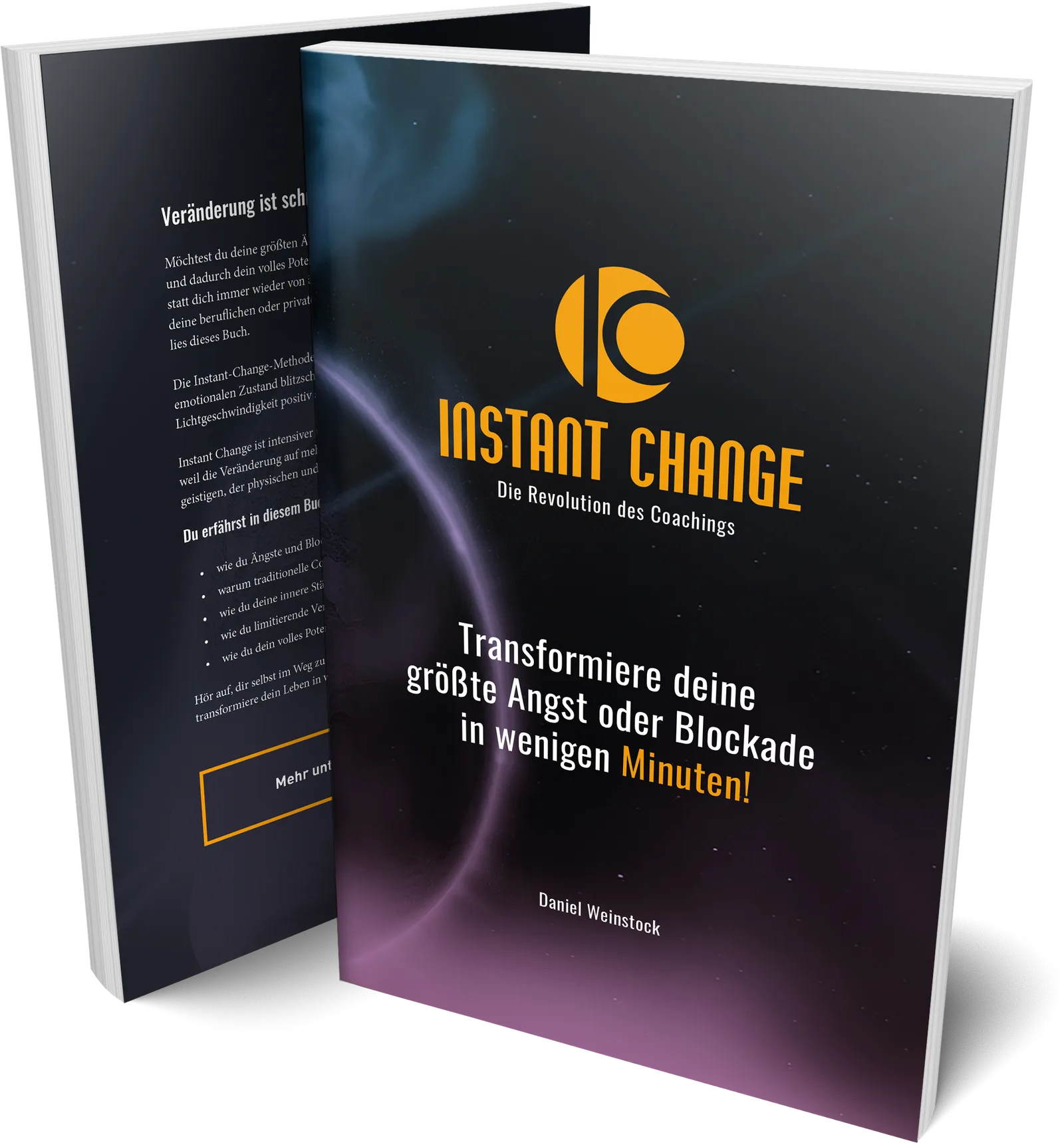 Buch-Mockup Instant Change – Die Coaching Revolution mit aufgeschlagenem Hardcover, gelbes Logo und violetter Farbverlauf