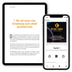 Instant Change eBook und Hörbuch Mockup mit Tablet und Smartphone, zeigt Buchseite und Audiobook-Player