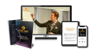 Instant Change Starterpaket: Mann vor Whiteboard mit Buch, Tablet, Smartphone und Monitor