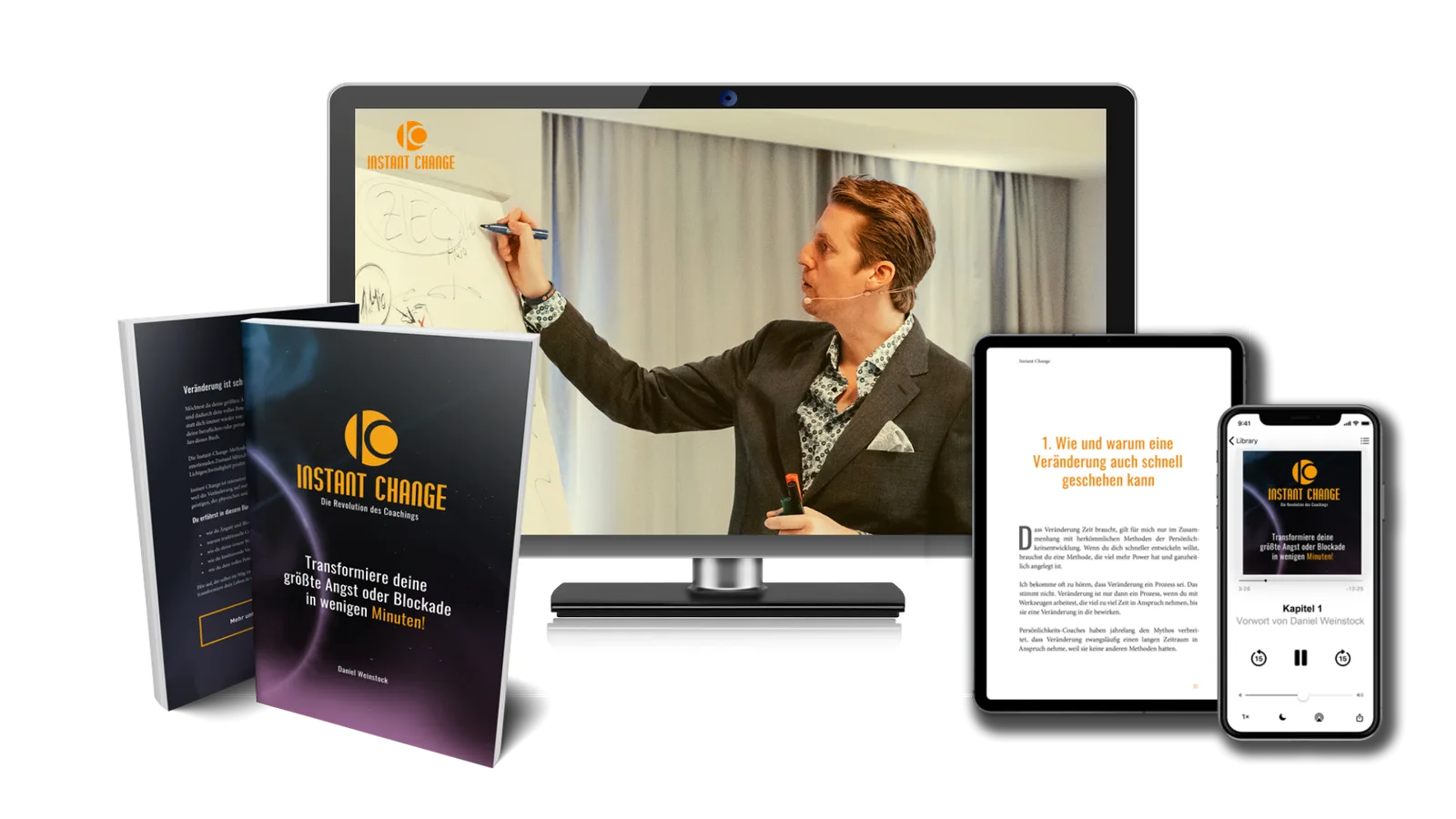 Instant Change Starterpaket: Mann vor Whiteboard mit Buch, Tablet, Smartphone und Monitor