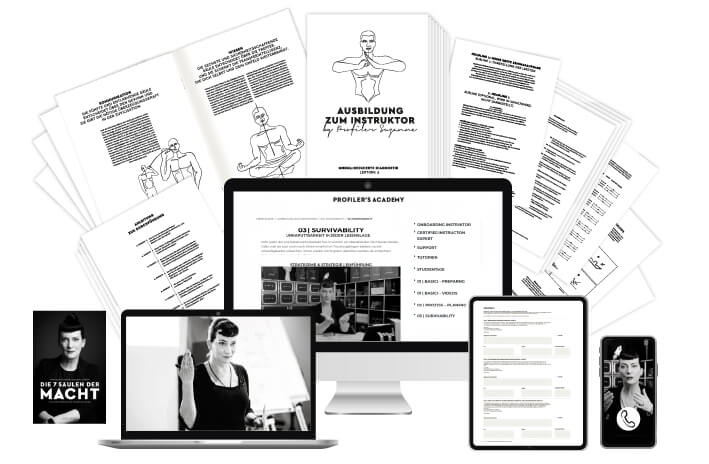 Instruktor für mentale Sicherheitsarchitektur – Krisencoaching 1 Mockup-Darstellung der Ausbildung Instruktor mit Kursmaterialien auf Laptop, Tablet und Smartphone