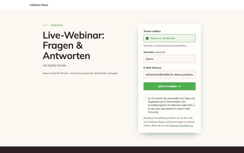 Webinar-Anmeldeseite mit Terminauswahl und Anmeldeformular für Live-Webinar