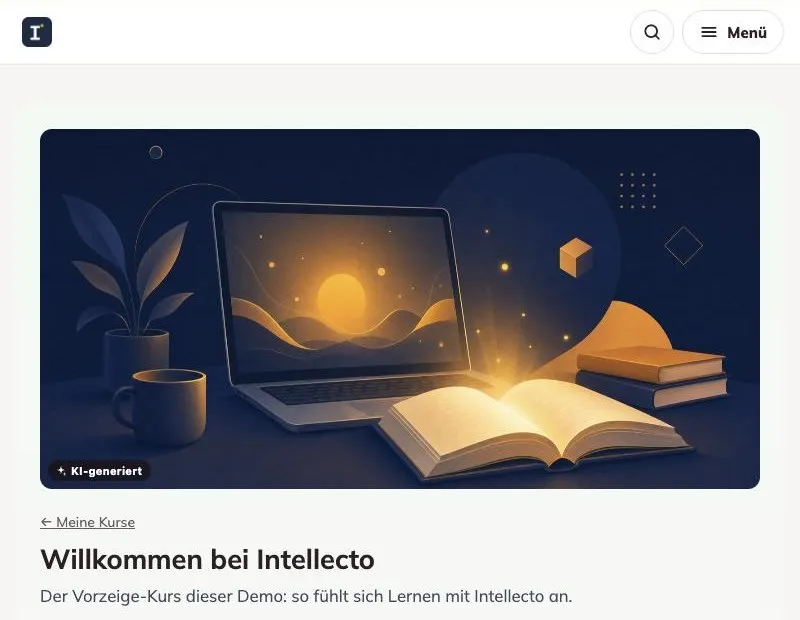 Kursseite für Willkommen-Kurs mit KI-generierter Illustration von Laptop, Buch und Lernmaterialien