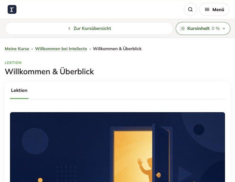 Identische Lektionsseite mit Navigationsleiste und dunkler Illustrationsgrafik eines offenen Türsymbols