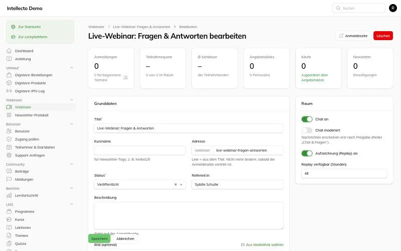 Webinar-Auswertung mit Kennzahlen, Teilnehmerliste und Chat-Funktion im Admin-Bereich