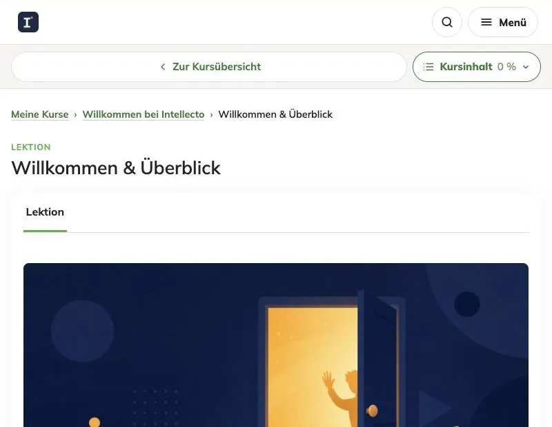 Lektionsseite mit Navigationsleiste und dunkler Illustrationsgrafik eines offenen Türsymbols