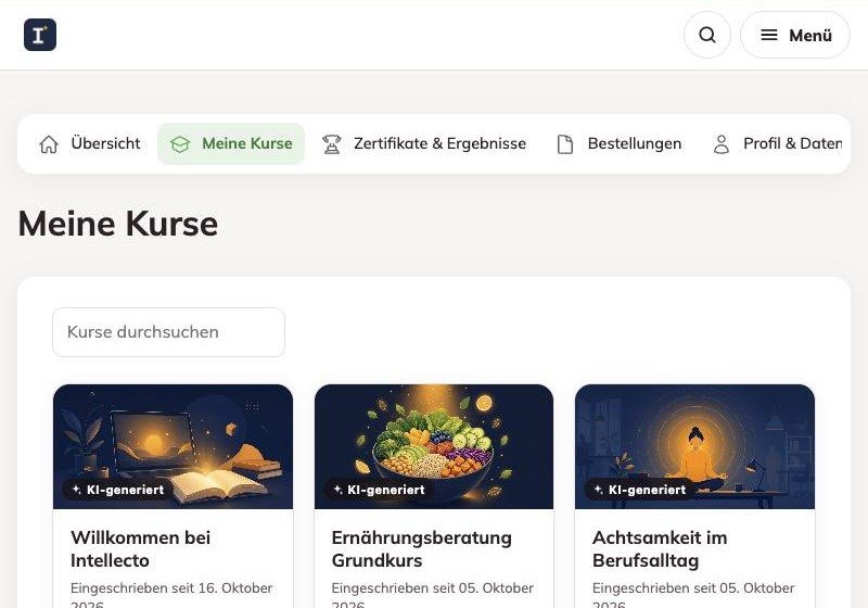Übersicht Meine Kurse mit Fortschrittsbalken und Anmeldedatum der drei Kurse