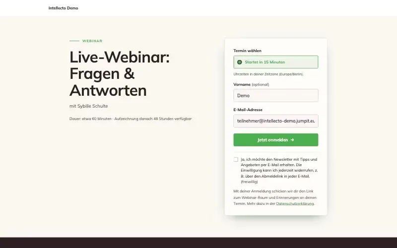 Webinar-Anmeldung Formular in der Academy-Software