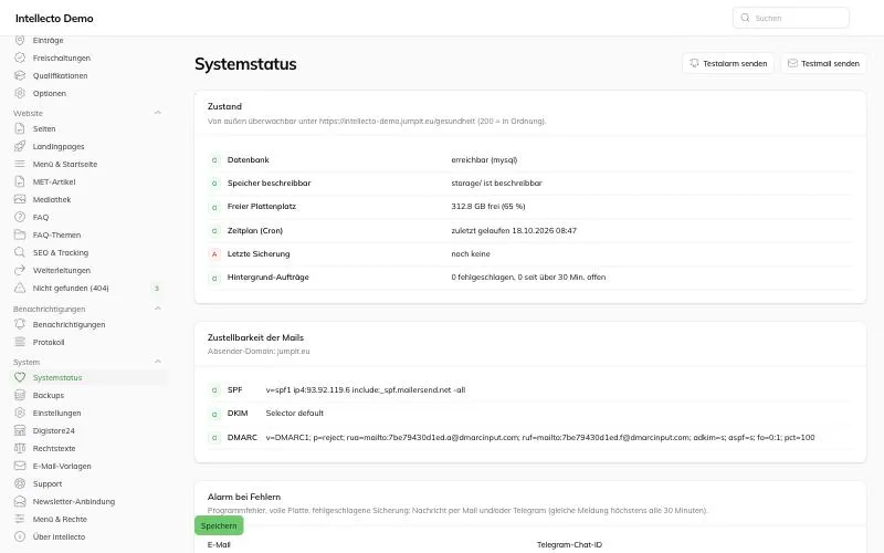 Intellecto Admin-Bereich Systemstatus mit Zustand, Datenbank, Speicherplatz und Mail-Konfiguration