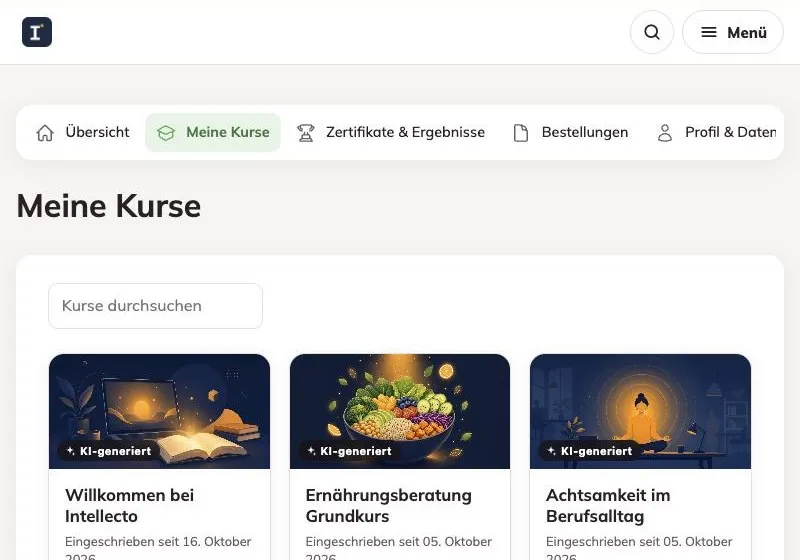 Übersicht Meine Kurse mit drei KI-generierten Kurskarten und Suchfunktion