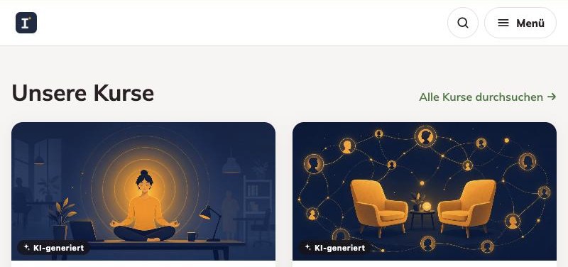 Intellecto Lernplattform mit zwei KI-generierten Kurskarten: Meditationskurs und Netzwerk-Workshop