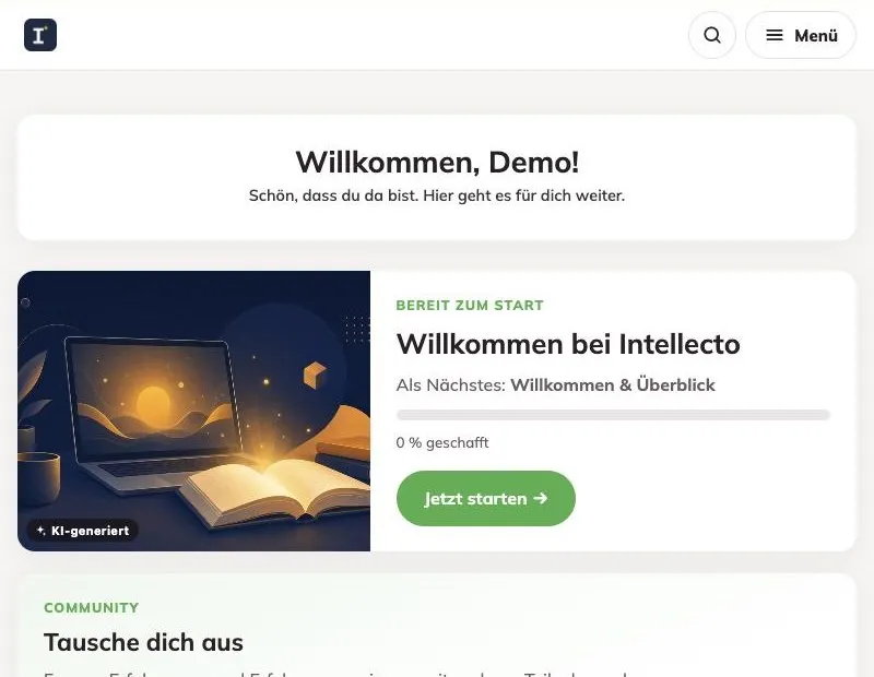 Willkommensbild für neue Demo-Nutzer mit Hinweis auf erste Lernschritte und Startseite